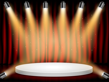 Red Round Winner Podium. Stage with Studio Lights for Awards Ceremony. Spotlights illuminate. Graphic resource for background.